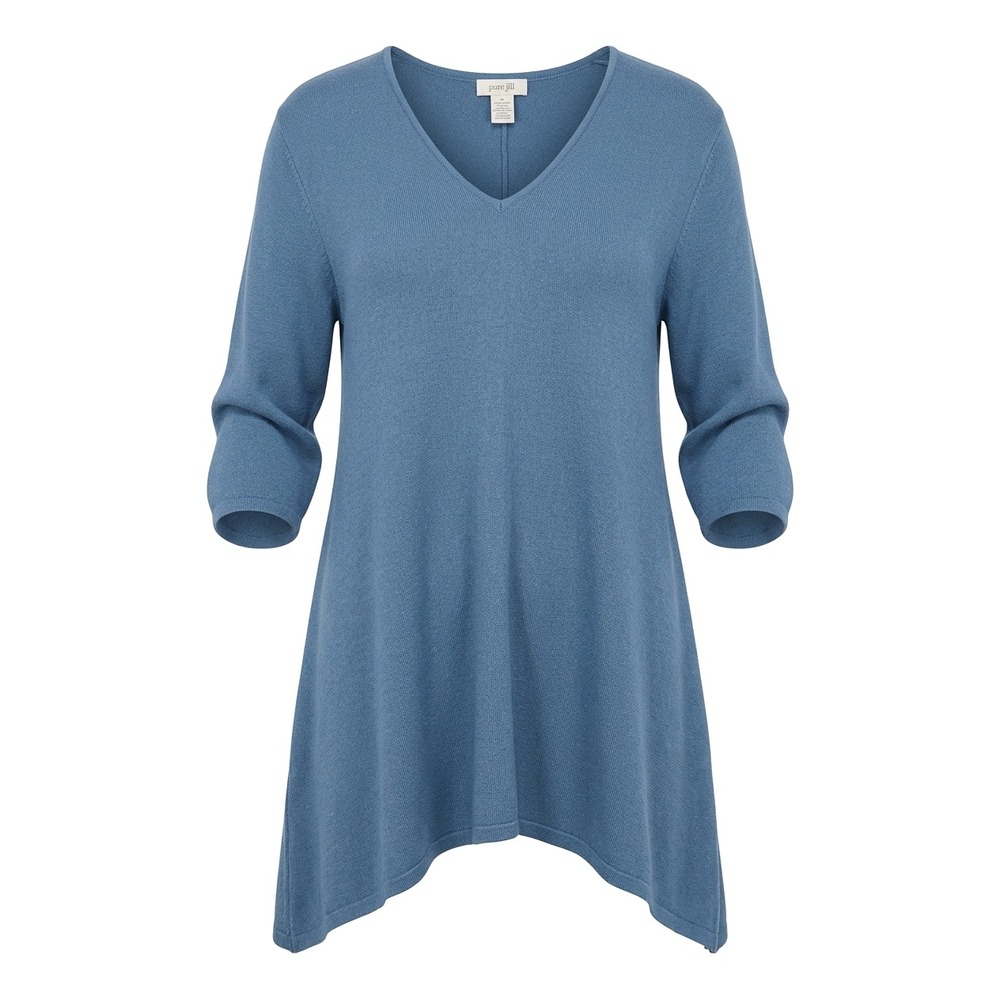 Pure‎ Jill, J. Jill Blue V-Neck Sharkbite Hem Tunic Sweater 3/4 Sleeve Large